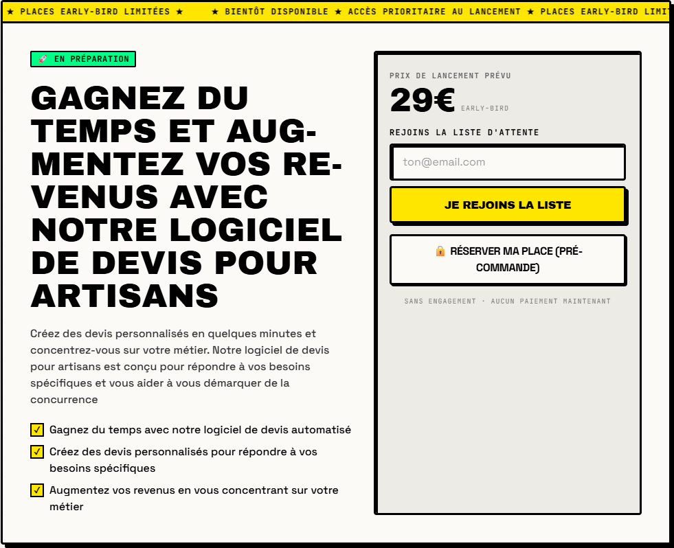 Landing page de pré-vente générée par Sondari : promesse, bénéfices, prix early-bird et formulaire de liste d'attente